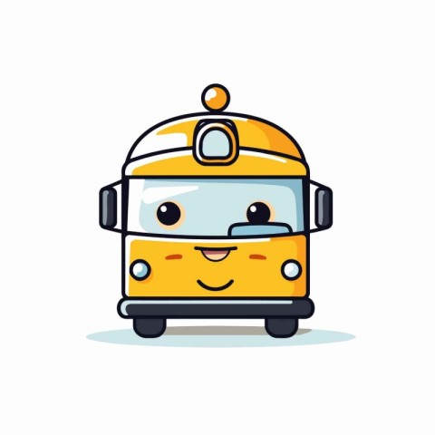 Cute school bus character with smiley face. Vector illustration.