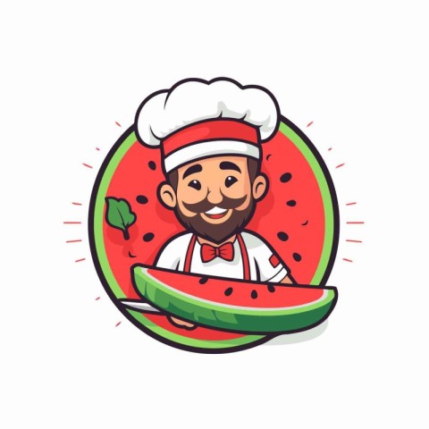 Chef with slice of watermelon. Vector illustration in cartoon st