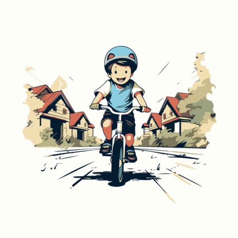 Boy riding a bicycle in the village. Vector illustration of a ca