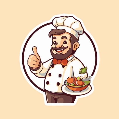 Chef holding a plate of vegetables and showing thumbs up. Vector