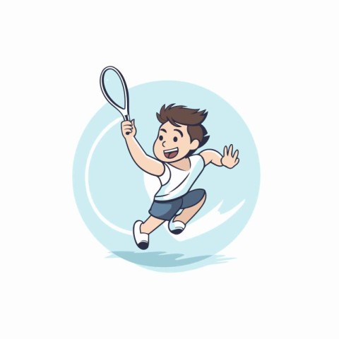 Boy playing badminton. Cartoon vector illustration isolated on w