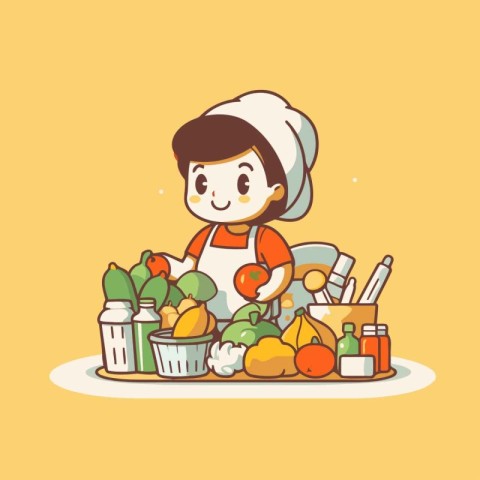 Cute Cartoon Chef Girl Cooking Healthy Food. Vector Illustration