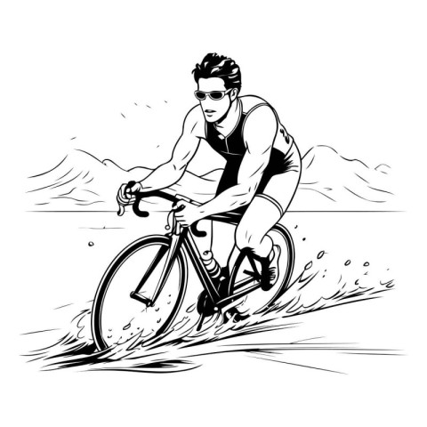 Cyclist on the road. Black and white vector illustration.