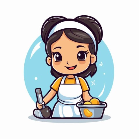 Cute little girl cooking in the kitchen. cartoon vector illustra