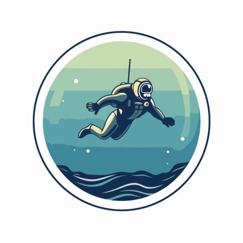 Diver on the background of the sea. Vector illustration in retro