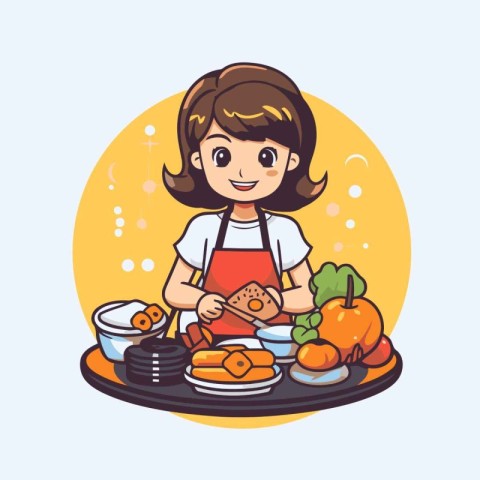 Cute little girl cooking healthy food. Vector illustration in ca