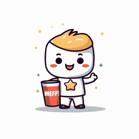 Cute cartoon chef character holding a cup of coffee. Vector illu