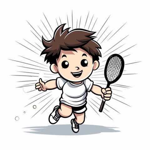 Boy playing tennis with racket on white background. Vector carto