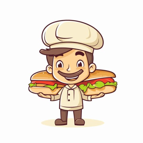 Chef holding hot dog and sandwich cartoon character vector illus