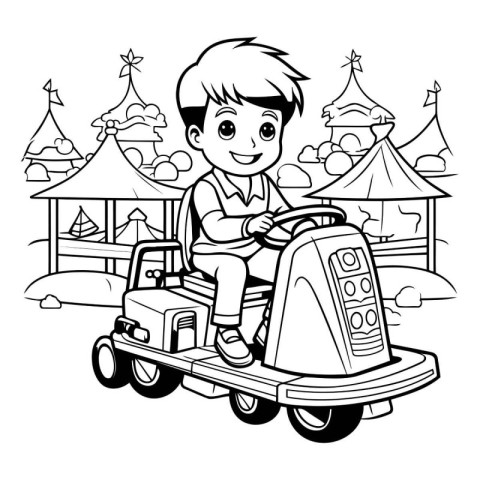 Boy driving a toy tractor. Black and white vector illustration f