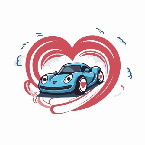 Vector illustration of a cartoon car in heart shape on white bac