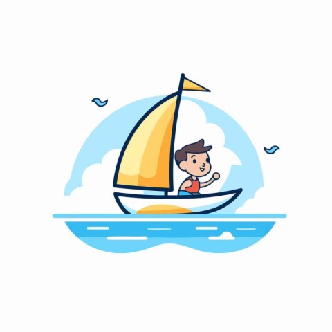 Cartoon boy sailing on a boat in the sea. Vector illustration