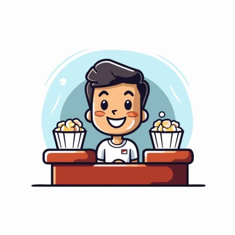 Cartoon man eating popcorn. Vector illustration isolated on whit