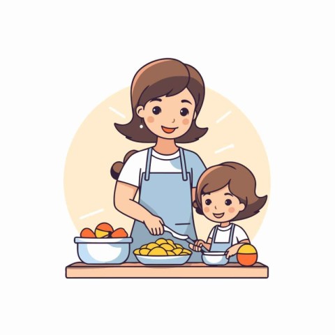 Mother and daughter cooking together. Vector illustration in a f