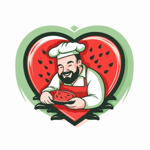 Chef holding slice of watermelon in heart shape vector illustrat