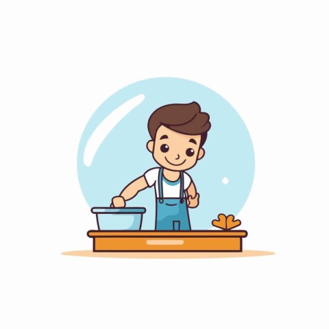 Cartoon boy cooking in the kitchen. Vector illustration in flat