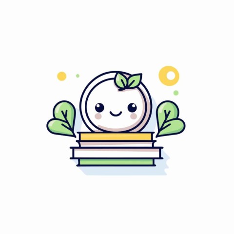 Cute cartoon character face with book and plant. Vector illustra