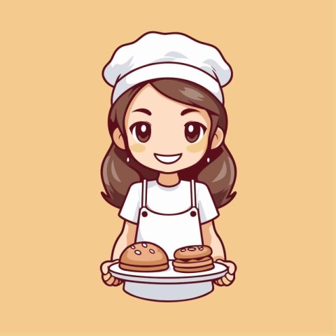 cute little chef girl holding plate with hamburgers vector illus