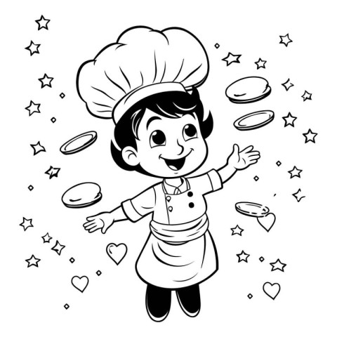 Black and White Cartoon Illustration of a Little Boy Chef Playin