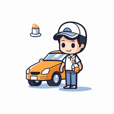 Courier and car. Cute cartoon illustration. Vector.