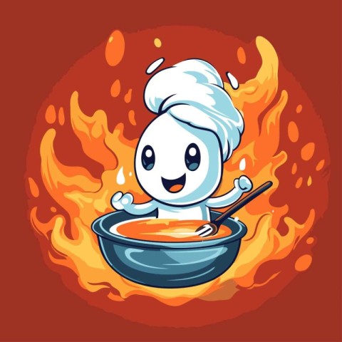 Illustration of a chef holding a bowl of soup on fire background