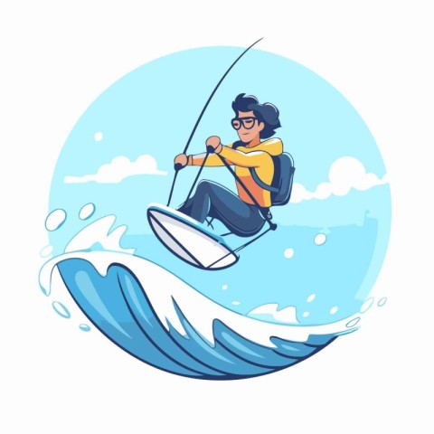 Young man surfing on wave. Vector illustration in cartoon comic