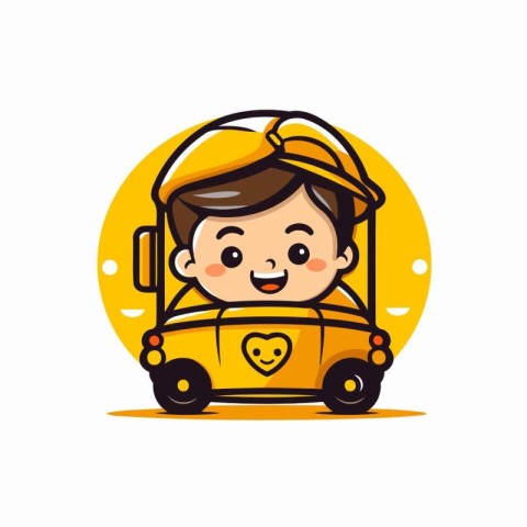 Cute boy driving a yellow school bus. Vector illustration on whi