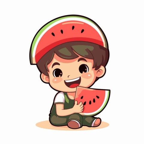 Cute little boy eating watermelon isolated on white background.