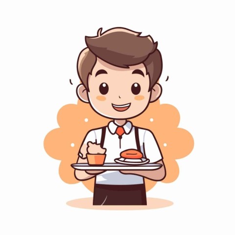 Cute cartoon waiter holding a tray of food. Vector illustration.