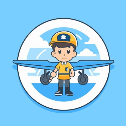 Cute boy with airplane vector illustration. Cartoon pilot charac