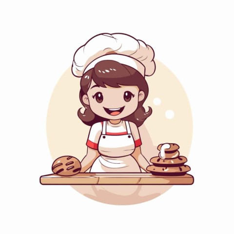 Cute little chef girl baking cookies. Vector illustration in car