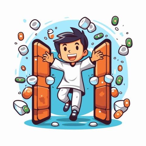 Cute boy jumping over the gap between sushi. Vector illustration