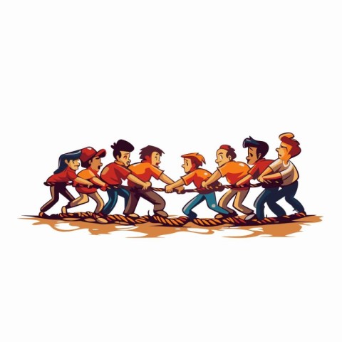 Teamwork concept. Group of people pulling rope together. Vector