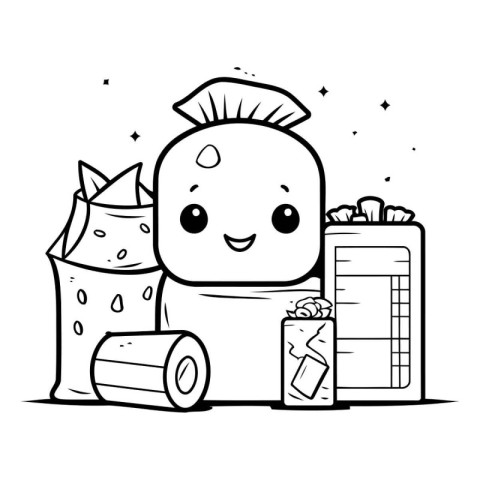 Cartoon Illustration of Bag of Food Character for Coloring Book