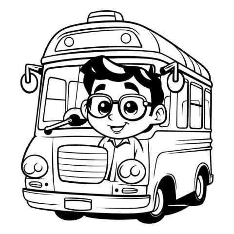 Boy in School Bus - Black and White Cartoon Illustration. Vector