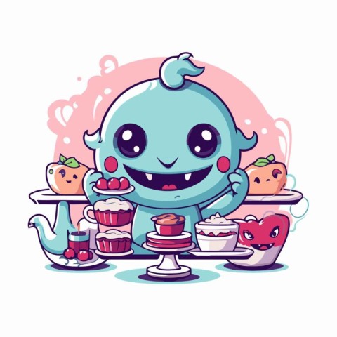 Cute cartoon monster with cupcakes and fruits. Vector illustrati