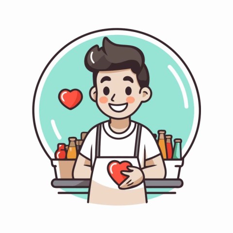 Cute boy in apron with heart in hand. Vector illustration.