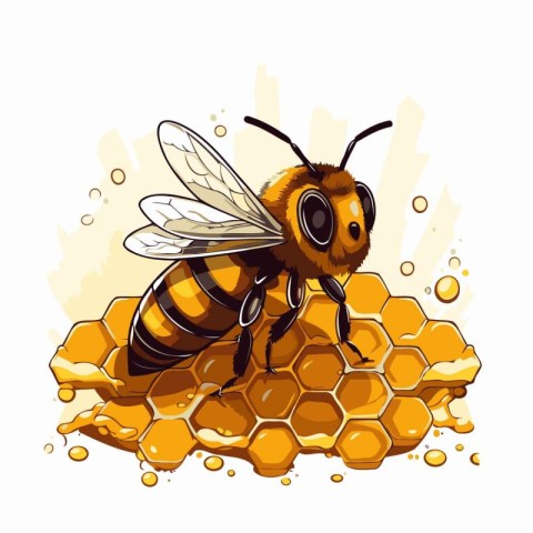 Bee on honeycomb. Vector illustration of honeycombs with bee.