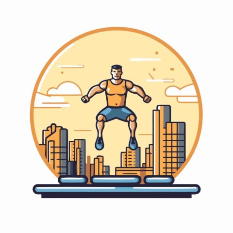 Vector illustration of a man in sportswear jumping on the city b