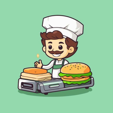 Cartoon chef with hamburger and scale. Cheerful vector illustrat