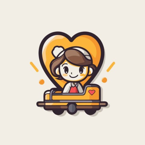 Cute girl driving a car with a heart. Vector illustration.