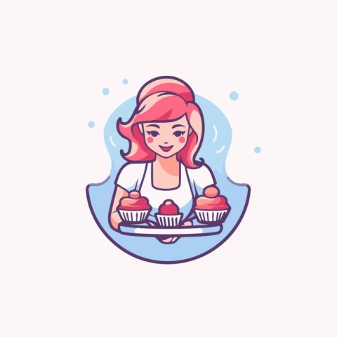 Cute girl with cupcakes. Vector illustration in cartoon style.