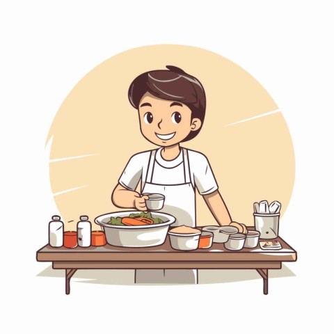 Vector illustration of a boy cooking in the kitchen. The boy is