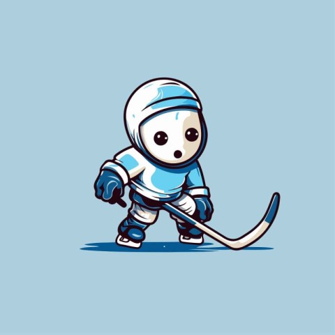 Cute cartoon hockey player. Vector illustration on a blue backgr