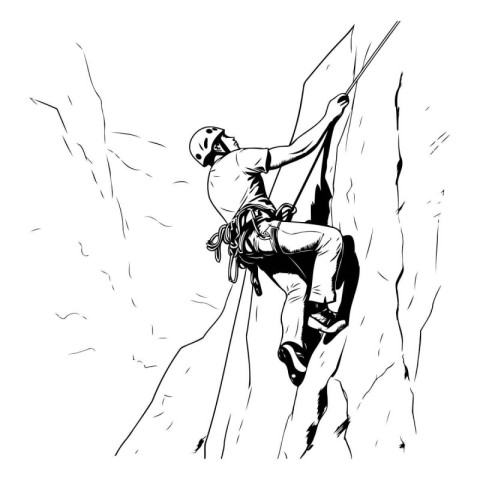 Vector hand drawn illustration of a young man climbing on a clif