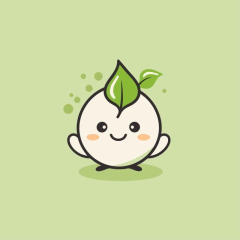 Cute cartoon apple character with green leaf isolated on green b