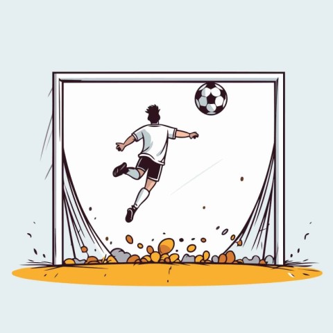 Soccer player kicks the ball into the goal. Vector illustration.