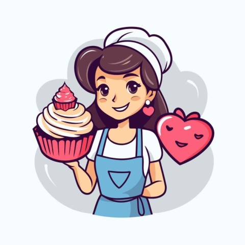 Cute girl chef holding cupcake and heart. Vector illustration.