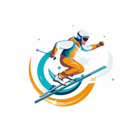 Skier in helmet and goggles skiing. extreme sport vector illustr