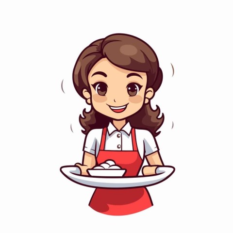 Vector illustration of a cute little waitress holding a tray of